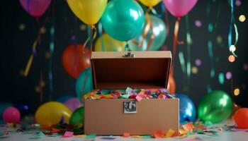 anniversaire fête avec confettis, décoration, multi coloré des ballons, et fête amusement généré par ai photo