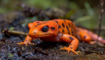 une mignonne vert crapaud rampant sur une humide feuille généré par ai photo