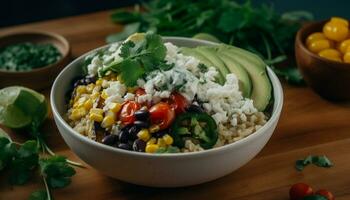 Frais salade avec tomate, légume, persil, coriandre, et biologique Ingrédients généré par ai photo