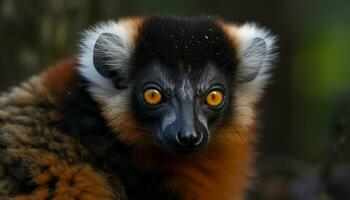 mignonne maki en regardant, la nature velu primate dans tropical forêt tropicale généré par ai photo