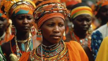 indigène des cultures célébrer traditions avec coloré vêtements, bijoux, et sourit généré par ai photo