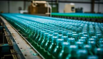 usine production ligne bouteilles fabriqué, emballé, et rempli avec purifié l'eau généré par ai photo