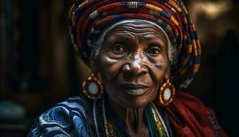 un africain femme dans traditionnel Vêtements souriant, à la recherche à caméra généré par ai photo