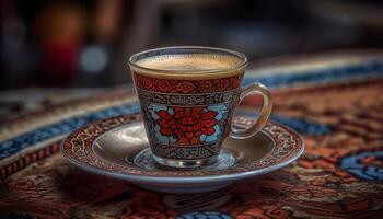 café tasse sur tableau, proche en haut de turc café décoration généré par ai photo