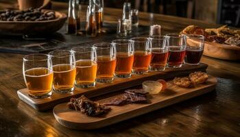 en bois tableau, Bière verre, Frais pinte, grillé Viande, rustique fête généré par ai photo