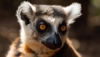 mignonne maki primate en regardant, proche en haut, nature, rayé, tropical forêt tropicale généré par ai photo