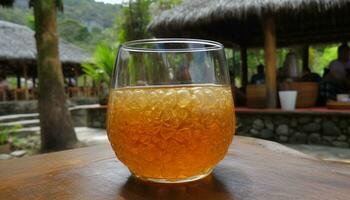 rafraîchissant boisson sur en bois table dans Extérieur bar, parfait pour été généré par ai photo