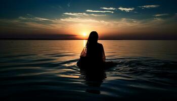 une serein femme jouit le beauté de la nature à le coucher du soleil généré par ai photo