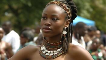 africain Jeune femme souriant, portant traditionnel vêtements, à la recherche à caméra généré par ai photo