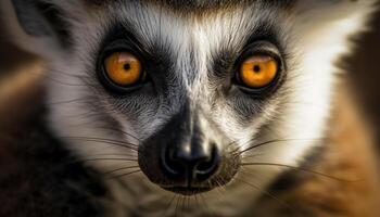 mignonne maki en regardant, ses petit yeux concentré sur le caméra généré par ai photo