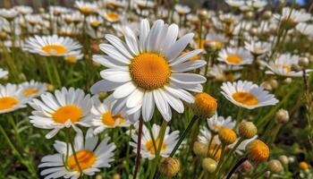 magnifique Jaune Marguerite fleurs dans une vibrant vert Prairie généré par ai photo