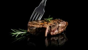 grillé steak, juteux et offre, prêt à manger sur une noir assiette généré par ai photo