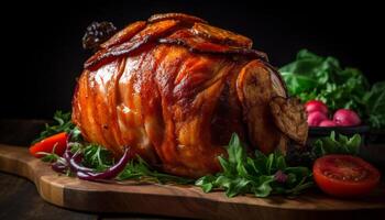 grillé gourmet porc avec cuit des légumes sur une en bois assiette généré par ai photo