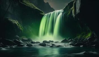 majestueux montagne, écoulement eau, tranquille scène, flou mouvement, vert forêt généré par ai photo