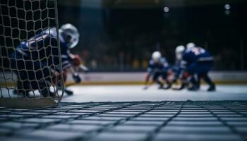 Hommes en jouant la glace le hockey, une compétitif équipe sport sur un la glace patinoire généré par ai photo