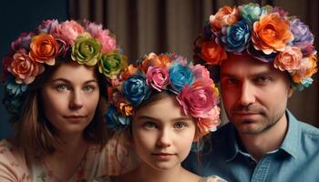 une content famille portrait, souriant ensemble, plein de l'amour et joie généré par ai photo