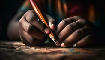 une Créatif artiste travail à l'intérieur, en portant une crayon, artisanat des idées généré par ai photo