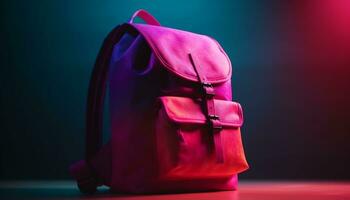 une violet sac à dos porte le aventure de éducation et Voyage généré par ai photo