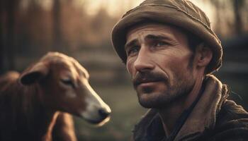 une souriant agriculteur et le sien chien prendre plaisir le en plein air ensemble généré par ai photo