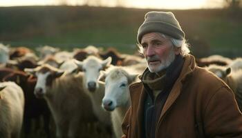 une souriant agriculteur dans chaud Vêtements regards à le caméra généré par ai photo