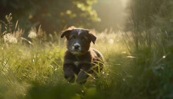 mignonne chiot en jouant dans le herbe, profiter le été en plein air généré par ai photo