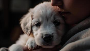 mignonne chiot à la recherche à Jeune enfant, de race chien embrassement l'amour généré par ai photo