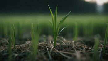 Frais vert herbe grandit dans le prairie, symbolisant la nature croissance généré par ai photo