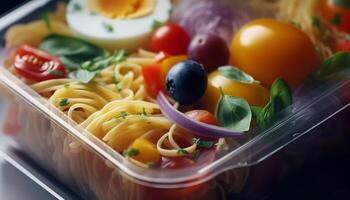 fraîcheur et en bonne santé en mangeant une gourmet végétarien repas avec multi coloré salade généré par ai photo