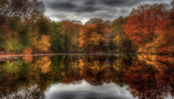 l'automne forêt, Jaune feuilles, tranquille étang, vibrant couleurs, rural beauté généré par ai photo