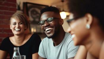 une groupe de Jeune adultes souriant, profiter une décontractée rassemblement généré par ai photo