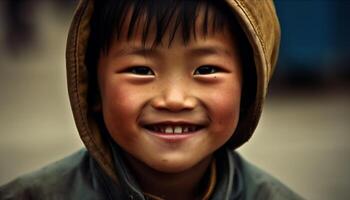 souriant enfant, mignonne portrait, en plein air, joyeux, à la recherche à caméra généré par ai photo