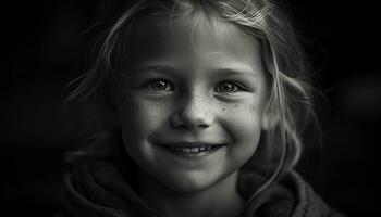 souriant portrait de un de bonne humeur mignonne enfant, à la recherche à caméra généré par ai photo