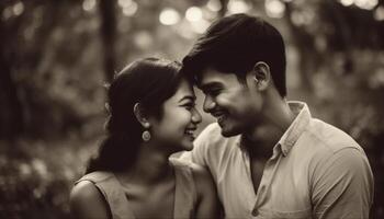 souriant couple embrasse, profiter la nature beauté dans noir et blanc généré par ai photo