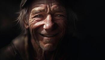 souriant Sénior homme avec gris cheveux à la recherche à caméra en plein air généré par ai photo