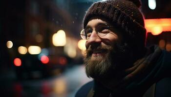 une souriant homme dans hiver, illuminé par une rue lumière généré par ai photo