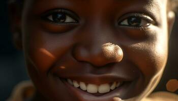 souriant africain femme, proche en haut portrait, de bonne humeur bonheur, à la recherche à caméra généré par ai photo