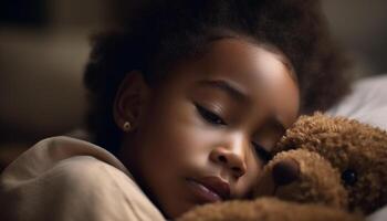 une mignonne enfant embrasse une nounours ours dans une confortable chambre généré par ai photo