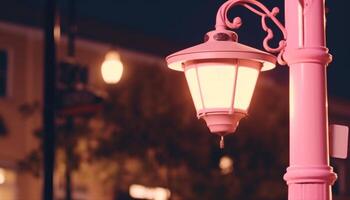 embrasé lanterne illumine nuit, pendaison dans élégant vieux façonné architecture généré par ai photo