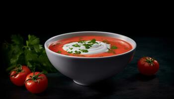 Frais tomate soupe, une en bonne santé végétarien repas avec persil garnir généré par ai photo