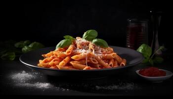 Frais Pâtes avec tomate sauce, Parmesan fromage, et sarriette herbes généré par ai photo