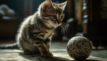 mignonne chaton en jouant avec jouet, à la recherche à caméra, à l'intérieur généré par ai photo