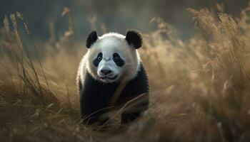 mignonne Panda séance dans herbe, à la recherche à caméra, espiègle maki généré par ai photo