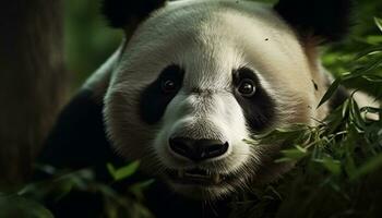 mignonne Panda en mangeant bambou dans le sauvage, entouré par vert forêt généré par ai photo