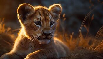 majestueux Lion cache dans herbe, repéré, vigilance, beauté dans la nature généré par ai photo