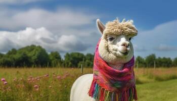 mignonne alpaga pâturage dans vert prairie, souriant en dessous de le Soleil généré par ai photo