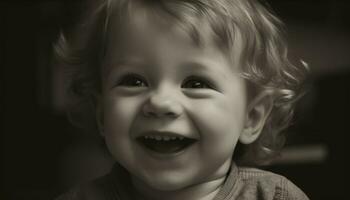 mignonne souriant enfant, de bonne humeur portrait de une content caucasien bébé généré par ai photo