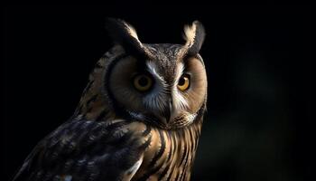 génial cornu hibou, perché sur arbre, regarder avec perçant Jaune yeux généré par ai photo