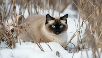 mignonne chaton séance dans neige, regarder à caméra avec curiosité généré par ai photo