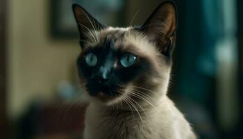 mignonne chaton séance à l'intérieur, regarder à caméra avec bleu yeux généré par ai photo