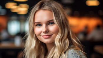 souriant Jeune femme avec blond cheveux à la recherche à caméra Heureusement généré par ai photo